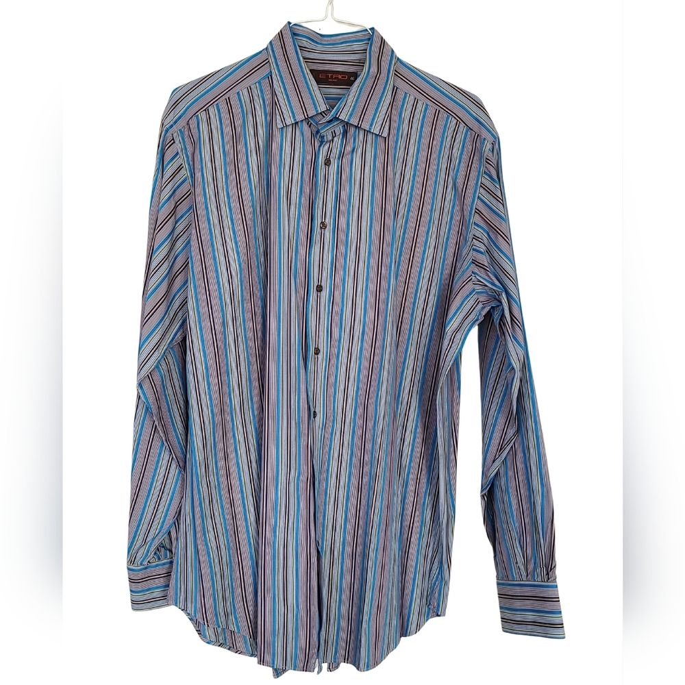 ETRO Spa Via Spartaco 3 Striped Dress Shirt - Size 46, Blue/Green